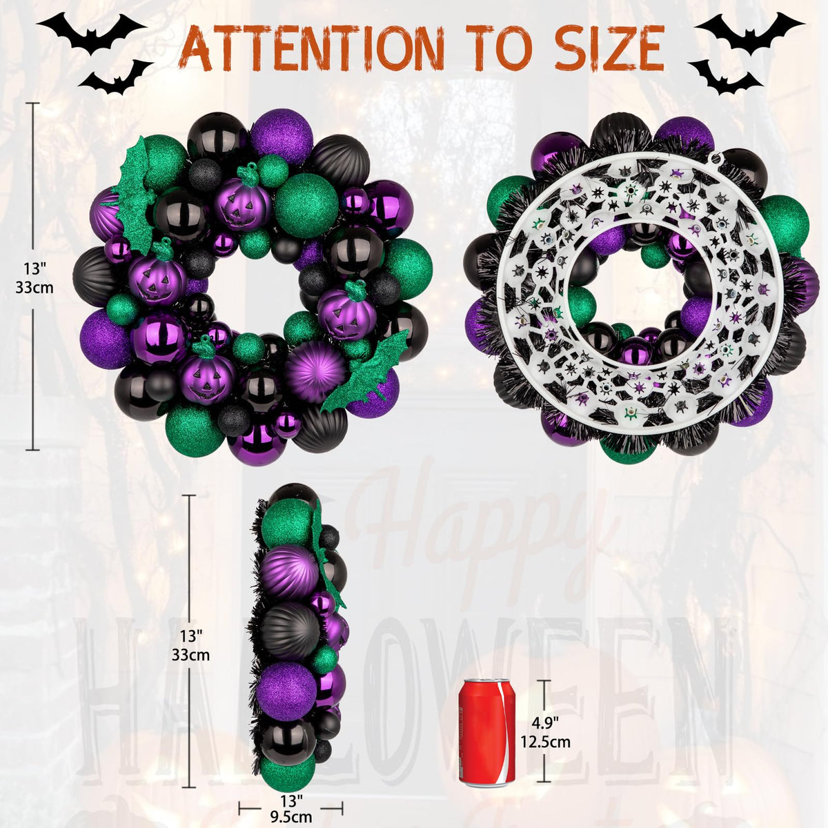 Halloween Wreath for Front Door, 13 inch Small Halloween Ball Wreath with Pumpkins Bats Shatterproof Front Door Wreaths Green/Purple/Black Ball Ornament for Wall Mantel Porch Indoor Outdoor Decor