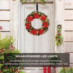 Solar Christmas Wreath 24 Inches Pre-Lit Solar 50 Led Artificial Lighted Wreath for Front Door Window Home Decor Outdoor Christmas Decor Poinsettias Golden Pine Branches Balls(2403)