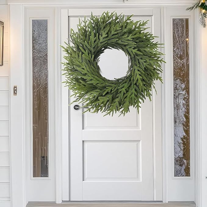 Christmas Wreaths 26" Norfolk Pine Wreath for Front Door, Artificial Christmas Wreaths Faux Green Fake Pine Needles Wreath for Front Door Wall Windows Indoor Outdoor Christmas Decor