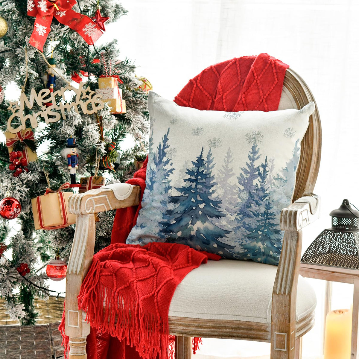 AVOIN colorlife Blue Christmas Tree Snowflake Throw Pillow Cover, 18 x 18 Inch Seasonal Winter Holiday Blue Cushion Case Decoration for Sofa Couch