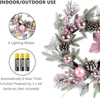 20" Christmas Wreaths for Front Door, Artificial Christmas Wreath Decoration with Lights, Winter Wreaths with Pine Cones,Bow,Balls Ornaments for Indoor Outdoor Home Decor (Pink)