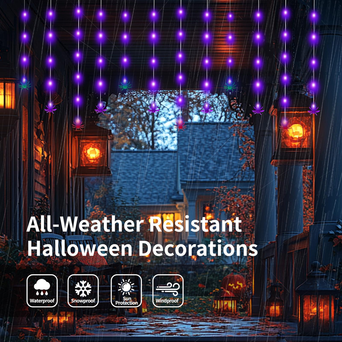 Halloween Spider Curtain String Lights, 7.2Ft Halloween Decorations Indoor Outdoor with 12 Multicolor Spiders and 60 Purple LED Bulbs Fairy Lights for Window Porch Garden Party Décor, USB Operated