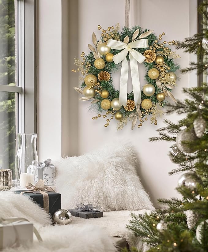 24 inch Christmas Door Wreath, Large Pine Wreaths for Front Door with Champagne Bow Golden Ball Glittered Leaf Spray Stems Pinecones for Fireplace Xmas Decorations, Wall Window Indoor Outdoor Decor