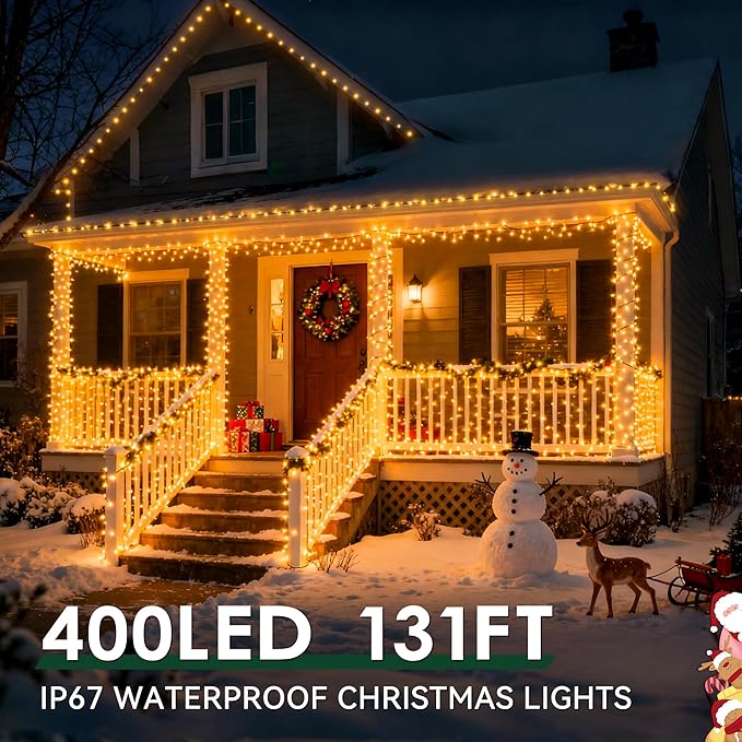 Outdoor Christmas Lights, 400LEDs 131FT Christmas Tree String Lights, IP67 Waterproof 8 Modes Warm White Holiday Lights with Remote for House Yard Xmas Decorations