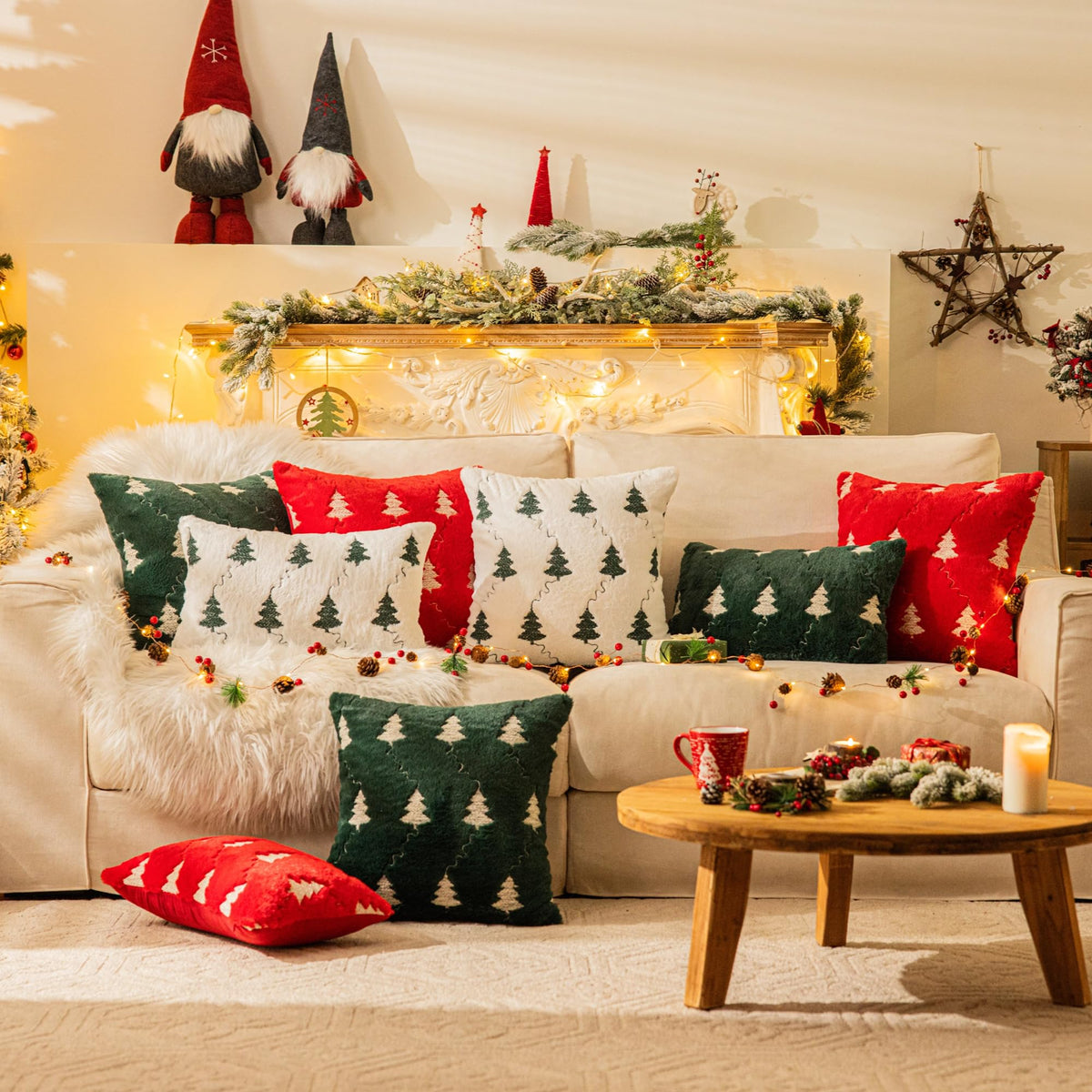 AQOTHES Christmas Tree Embroidered White Throw Pillows Cover 18x18 Inch, Set of 2 Packs Winter Soft Fluffy Decorative Throw Pillows Covers Decor for Home Sofa Couch Bed Room