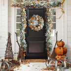 Thanksgiving Fall Wreath, Eucalyptus Berries Pumpkins Lamb Ears Leaves Autumn Wreaths for Front Door, Fall Decor, Porch Wall, Home Outdoor Holiday Decorations (Pumpkin Garland)