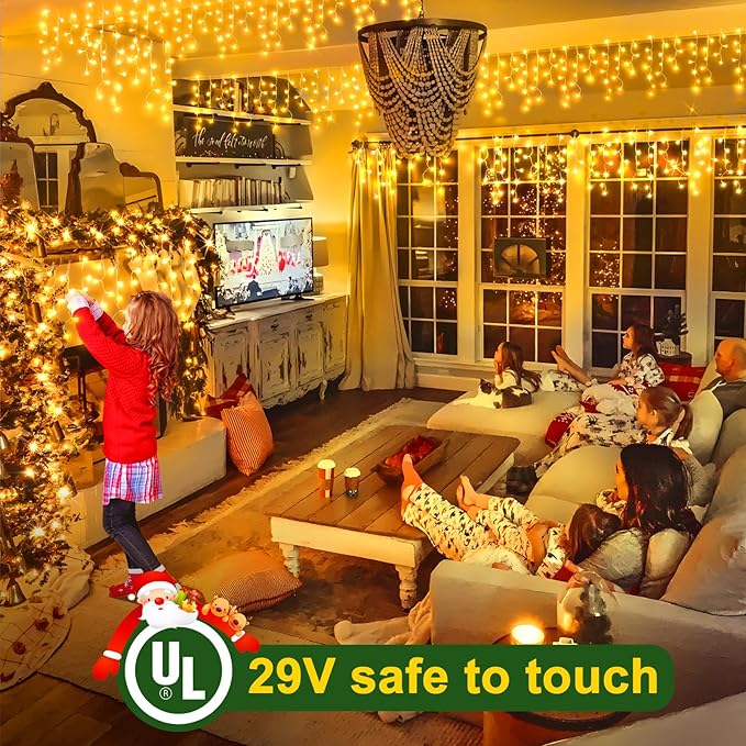 SAUIRS 2Pack 320 LED Christmas Lights Outdoor Decorations with 120 Drops Timer 8Mode 66FT Curtaing Lights Waterproof Plug in Fairy Lights for Indoor,Xmas,Party,Patio,Window,Trees Decor(Warm White)