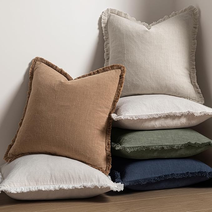 MIULEE Christmas Decorative Throw Pillow Covers Neutral Linen Fringe Throw Pillows Euro Shams Set of 2 Natural Beige Boho Farmhouse Cushion Covers for Couch Sofa Bed Living Room Home Decor 22x22 Inch