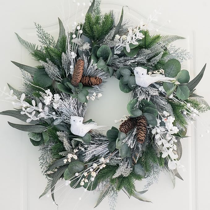 Winter Wreaths for Front Door Outside- 24 Inch Outdoor Christmas Wreath with White Owl,Pine Cones,Cedar and White Berries,Artificial Snowy Winter Decorations for Home Farmhouse Door Decor