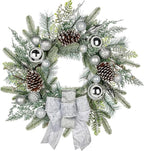 24 inch White Christmas Wreath,Winter Norfolk Pine Wreaths Bows for Front Door with Silver Colored Ball Pinecones Berries for Fireplace Xmas Decorations, Wall Window Indoor Outdoor Decor
