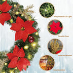 Solar Christmas Wreath 24 Inches Pre-Lit Solar 50 Led Artificial Lighted Wreath for Front Door Window Home Decor Outdoor Christmas Decor Poinsettias Golden Pine Branches Balls(2403)