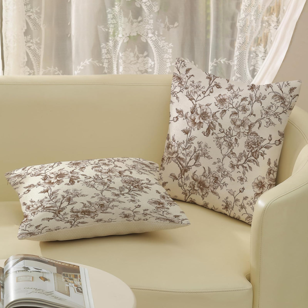 GOLIANDA Brown Pillow Covers 18x18 Set of 2 Brown and Cream Floral Chinoiserie Throw Pillows Vintage Rustic Toile Flower Decorative Pillow Cases Outdoor Chinoiserie Decor Cushion Case for Couch Sofa