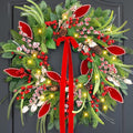 Christmas Wreath with Lights,Outdoor Pre-lit Christmas Wreaths for Front Door-24 Inch Xmas Door Wreath with Pine Needles Pine Cones and Red Berries- Farmhouse Home Christmas Decorations