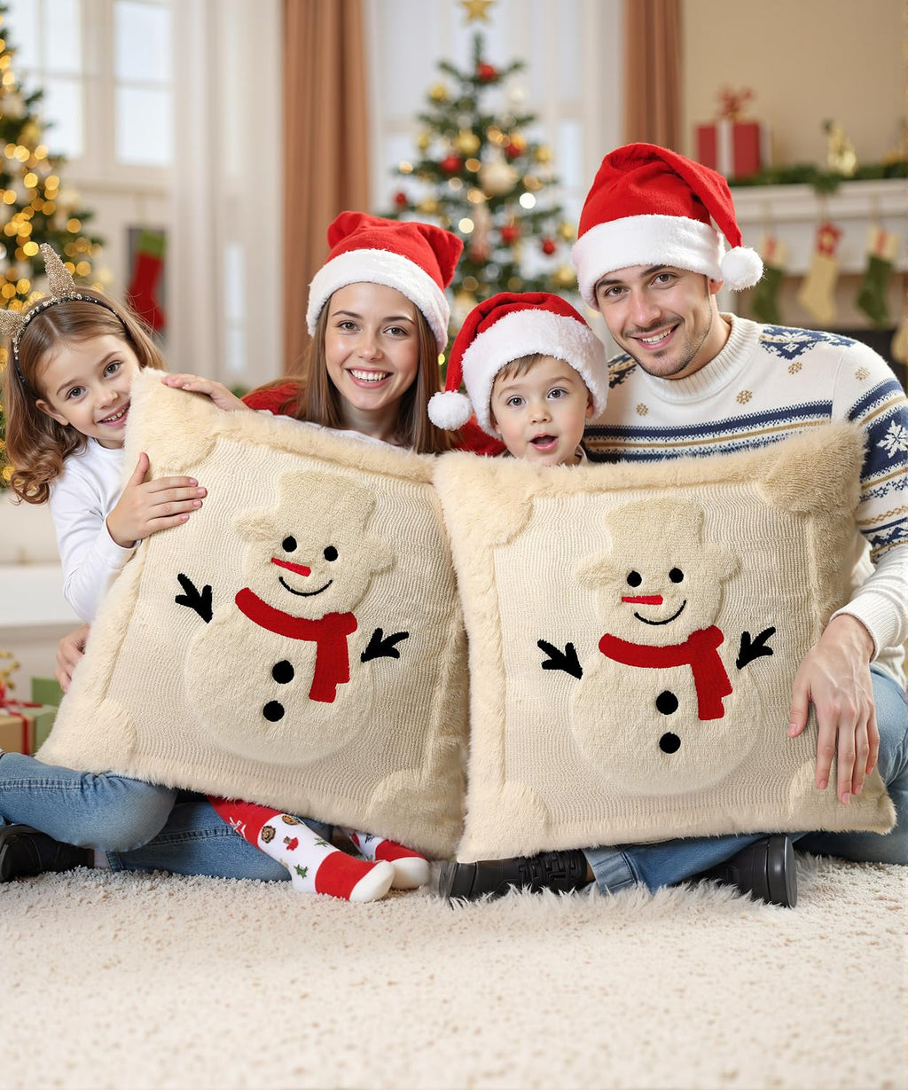 SEGXCFL Christmas Pillow Covers Set of 2 Soft Plush Faux Fur Pillow Cases 3D Embroidered Decorative Couch Cover Home Decor Christmas Throw Pillow Covers 18x18,Beige Snowman