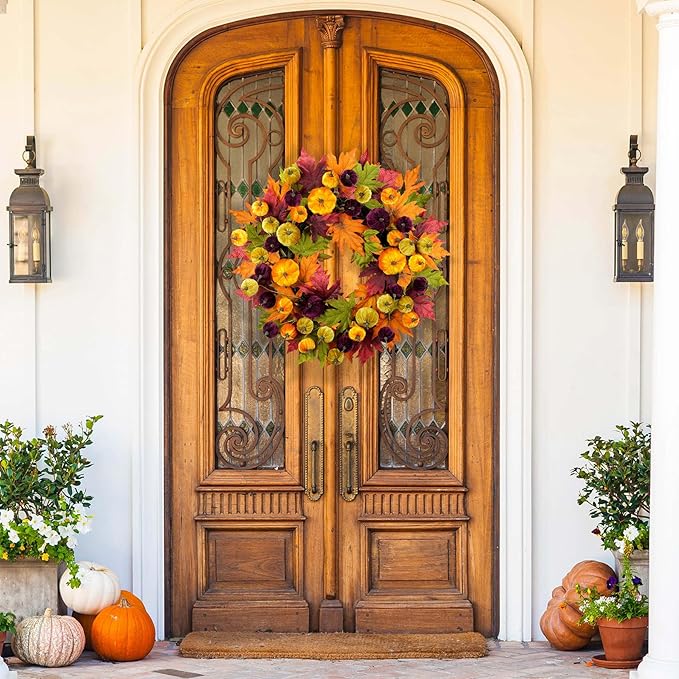 YULETIME 24" Fall Wreath, Artificial Autumn Wreath with Red, Orange, Green Maple Leaves and Orange, Purple, Green-Yellow Pumpkins (Pumpkin & Maple Leaf)