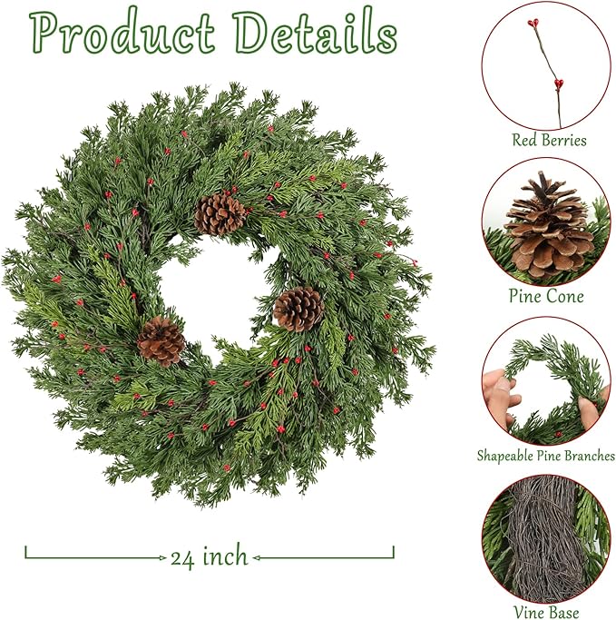 Real Touch Pine Christmas Wreath 24 Inch Christmas Wreaths for Front Door Winter Wreath Artificial Green Wreaths Outdoor Christmas Decorations Indoor Outside Window Home Holiday Thanksgiving