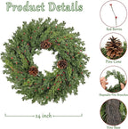Real Touch Pine Christmas Wreath 24 Inch Christmas Wreaths for Front Door Winter Wreath Artificial Green Wreaths Outdoor Christmas Decorations Indoor Outside Window Home Holiday Thanksgiving