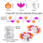 2 Pack Halloween Lights Indoor Outdoor Decorations Total 40FT 60 LED Pumpkin Bat Ghost Halloween String Lights Battery Operated, 8 Modes Waterproof Spooky Fairy Lights Home Yard Window Outside Decor