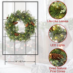 Pre Lit Christmas Wreath for Front Door Green Wreath Decorated with Pine Cones,Berry Clusters, Abundant Fit Branches 18” Lighted Christmas Wreaths for Windows Winter Wreath Hanging Wall Decor