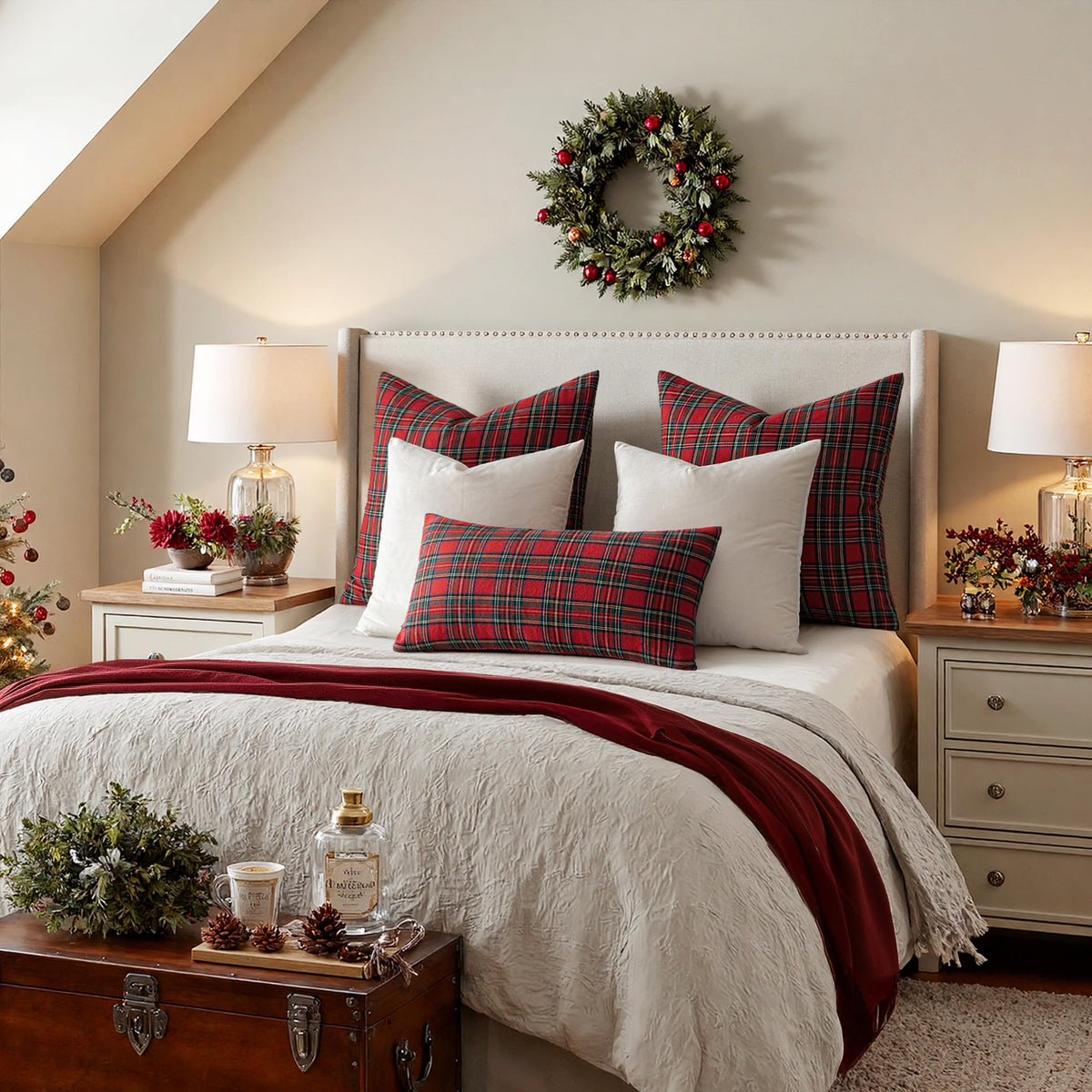 MIULEE Christmas Set of 2 Scottish Tartan Plaid Throw Pillow Covers Farmhouse Classic Decorative Outdoor Square Cushion Cases for Home Decor Sofa Couch 18x18 Inch, Red