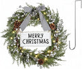 Lighted Christmas Artificial Cedar Wreath for Front Door with Hanger Christmas Wreaths Faux Norfolk with Velvet Bow LED Lights Jingle Bells Pinecone Berries Indoor Window Xmas Holiday Decor(Silver)