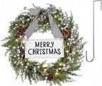 Lighted Christmas Artificial Cedar Wreath for Front Door with Hanger Christmas Wreaths Faux Norfolk with Velvet Bow LED Lights Jingle Bells Pinecone Berries Indoor Window Xmas Holiday Decor(Silver)