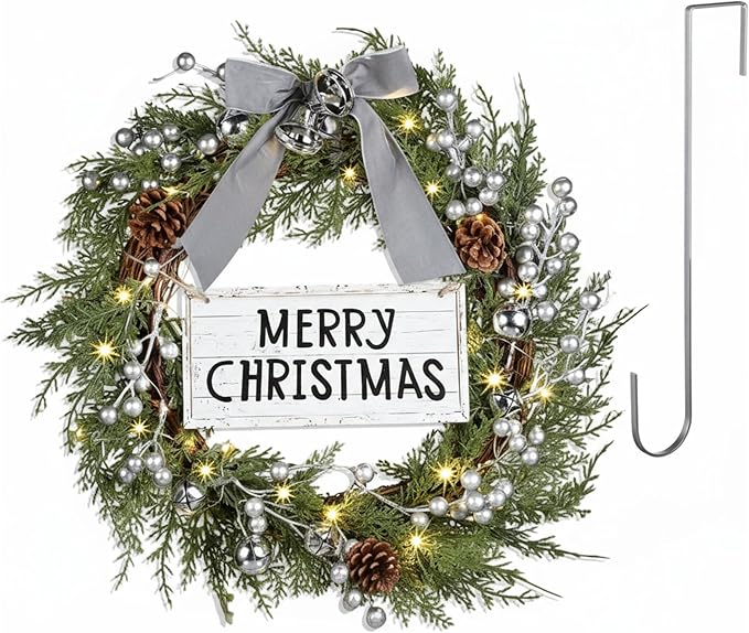 Lighted Christmas Artificial Cedar Wreath for Front Door with Hanger Christmas Wreaths Faux Norfolk with Velvet Bow LED Lights Jingle Bells Pinecone Berries Indoor Window Xmas Holiday Decor(Silver)