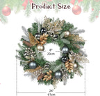 24 inch Christmas Door Wreath, Norfolk Pine Wreaths for Front Door with Silver Ball Glittered Leaf Spray Stems Pinecones Berries for Fireplace Xmas Decorations, Wall Window Indoor Outdoor Decor