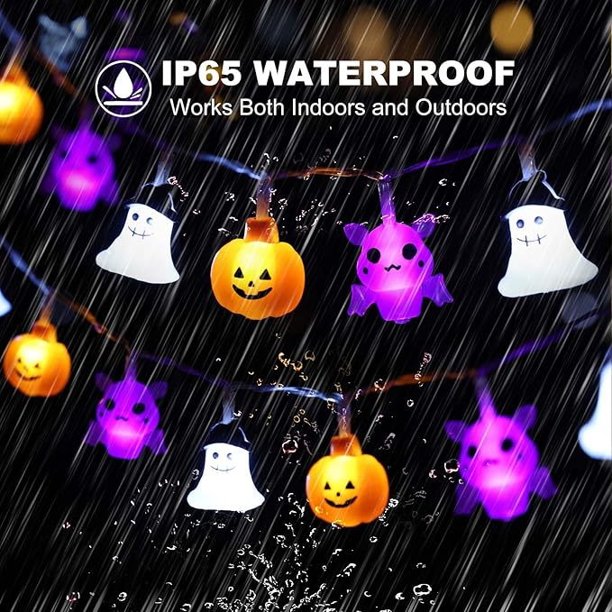 Halloween Lights Decorations, 16.4 FT 30 LED Pumpkin Bat Ghost Spooky Battery Operated Cute Orange and Purple String Lights Cozy Remote Timer 8 Lighting Modes Twinkle Indoor Outdoor Window Porch Decor