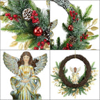 YULETIME 24" Angel Christmas Wreath, Artificial Holiday Wreath with Resin Angel Statue, Natural Rattan Ring & Pine Cones, Golden Leaves, Red Baubles, Spruce Branches, Snowy Pine Needles