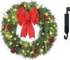 Solar Christmas Wreath 24 Inches Pre-Lit Solar 50 Led Artificial Wreath Outdoor Front Door Window Christmas Decor with Frosted Branches Pine Cones Berry Clusters Red Velvet Bows (2401)