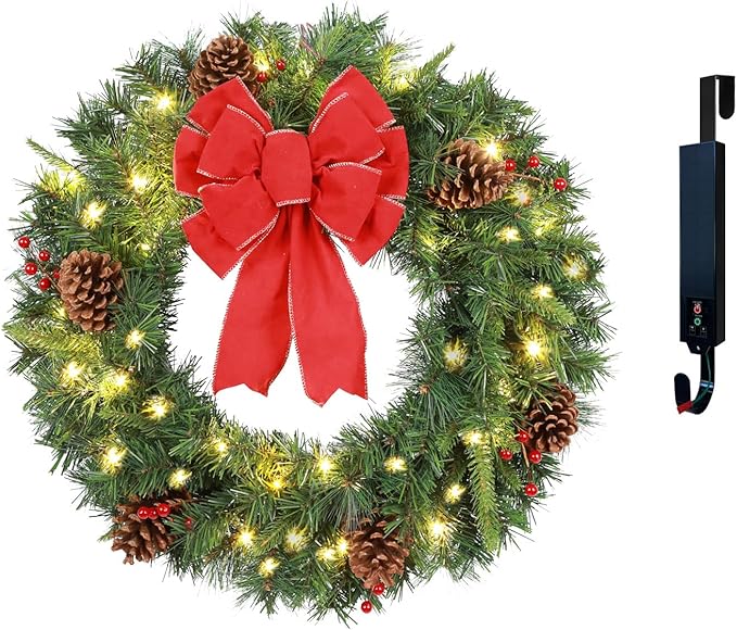 Solar Christmas Wreath 24 Inches Pre-Lit Solar 50 Led Artificial Wreath Outdoor Front Door Window Christmas Decor with Frosted Branches Pine Cones Berry Clusters Red Velvet Bows (2401)