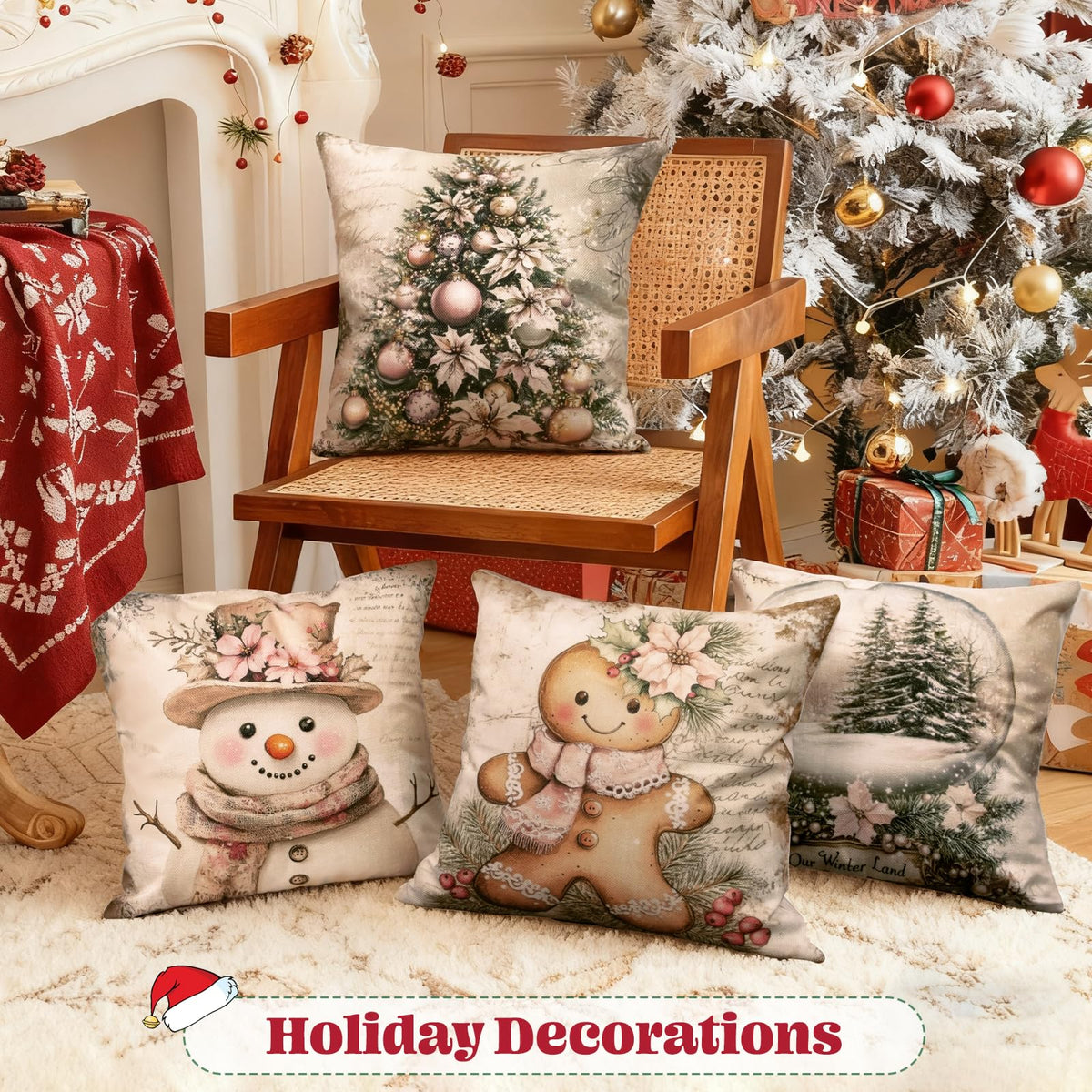 Christmas Throw Pillow Covers 20x20 Inch Set of 4, Vintage Winter Holiday Snow Globe Gingerbread Xmas Trees Snowman Decorative for Couch Sofa Living Room