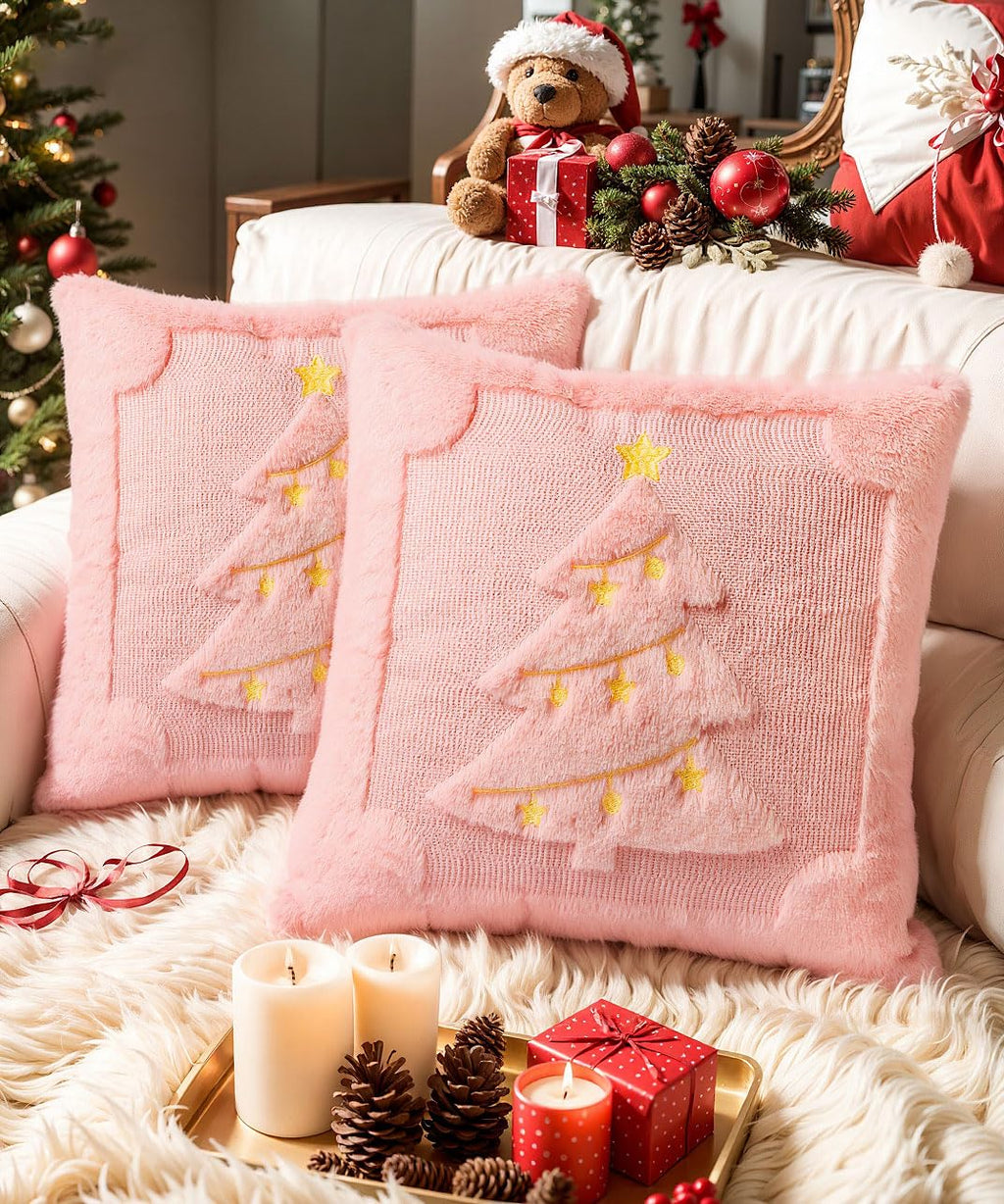 SEGXCFL Christmas Pillow Covers Set of 2 Soft Plush Faux Fur Pillow Cases 3D Embroidered Decorative Couch Cover Home Decor Christmas Throw Pillow Covers 18x18,Pink Christmas Tree