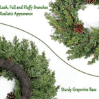 Real Touch Pine Christmas Wreath 24 Inch Christmas Wreaths for Front Door Winter Wreath Artificial Green Wreaths Outdoor Christmas Decorations Indoor Outside Window Home Holiday Thanksgiving