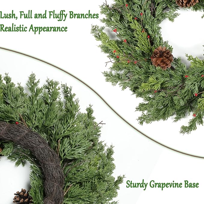 Real Touch Pine Christmas Wreath 24 Inch Christmas Wreaths for Front Door Winter Wreath Artificial Green Wreaths Outdoor Christmas Decorations Indoor Outside Window Home Holiday Thanksgiving