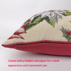 Christmas Tapestry Throw Pillow Cover 18x18 Inch - Festive Woven Jacquard Poinsettia & Holly Cushion Case - Red Piped Edges, Hidden Zipper - Decorative Holiday Home Decor for Sofa/Couch