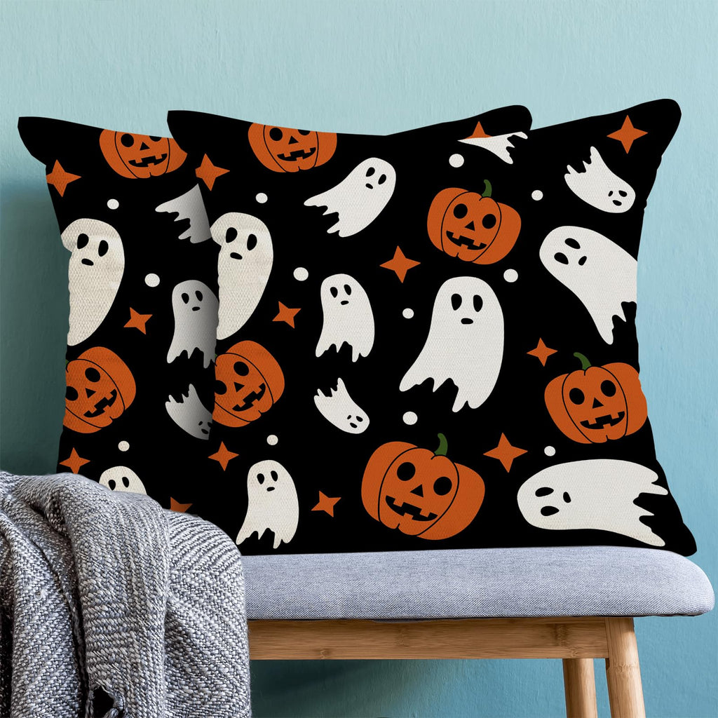 Halloween Pillow Covers 22x22, Cream Spooky Ghost Black Decorative Throw Pillows for Couch, Burnt Orange Pumpkin Decor Cushion Cover 2 Pcs Autumn Fall Outdoor Linen Pillowcase for Bed Car Safa
