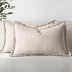 MIULEE Christmas Decorative Lumbar Throw Pillow Covers Neutral Linen Fringe Throw Pillows Set of 2 Natural Beige Boho Farmhouse Cushion Covers for Couch Sofa Bed Living Room Home Decor 12x20 Inch