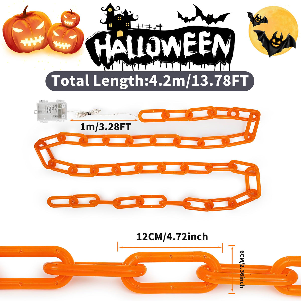 Halloween string lights,Hopolon 13.7Ft 175LED Halloween Decorations Chain Lights Outdoor/Indoor Plastic Orange Light Battery USB with Waterproof, 8Modes&Timer for Home Garden Patio Porch Spooky Decor