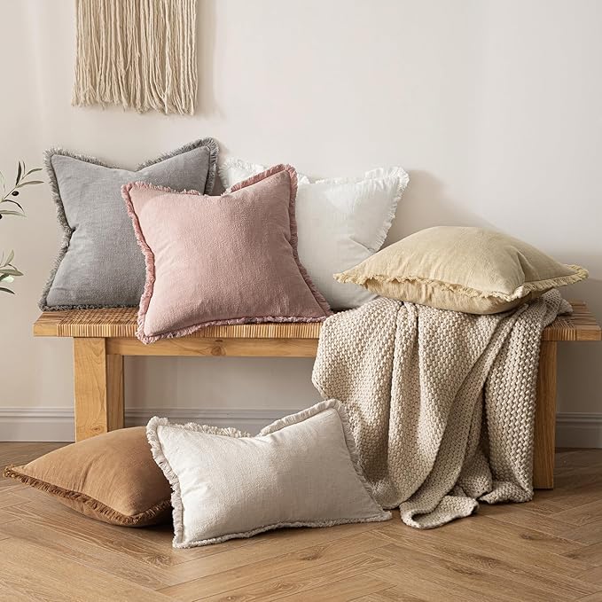 MIULEE Christmas Decorative Throw Pillow Covers Neutral Linen Fringe Throw Pillows Euro Shams Set of 2 White Boho Farmhouse Cushion Covers for Couch Sofa Bed Living Room Spring Home Decor 24x24 Inch