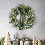 LampLust Cypress Christmas Wreath with Lights, 22 Inch Wreath with 100 Battery Operated LED Lights and Velvet Bow, Winter Wreaths for Front Door Christmas Decorations Holiday Decor