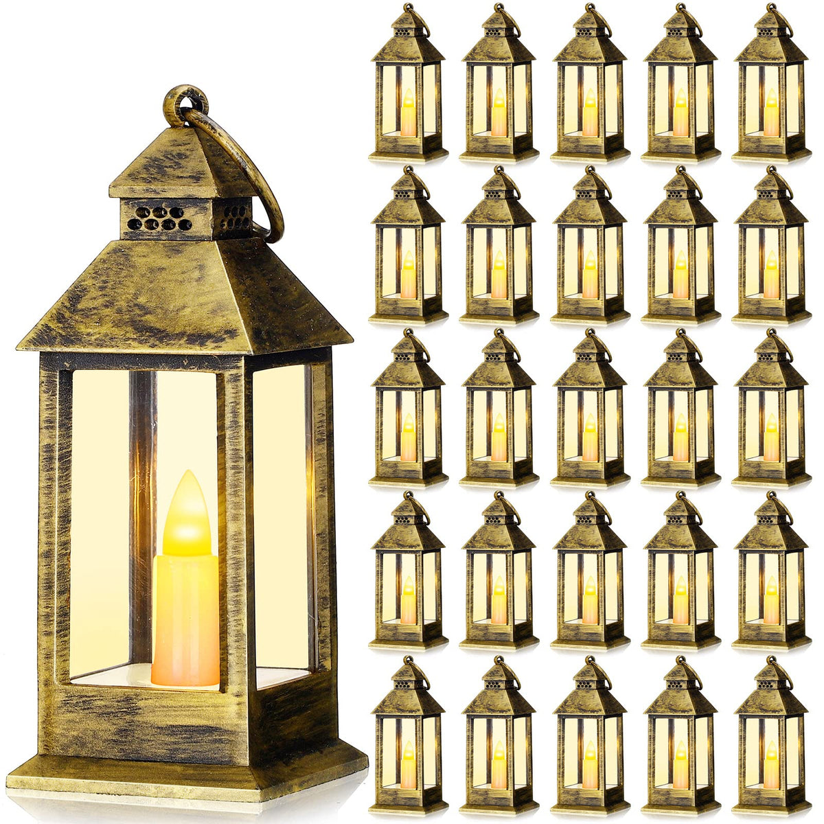 Hoolerry 24 Set 5.5'' Mini Lanterns with LED Candle for Wedding Centerpiece Vintage Decorative Hanging Small Lantern Battery Powered for Halloween Wedding Table Centerpiece(Bronze)