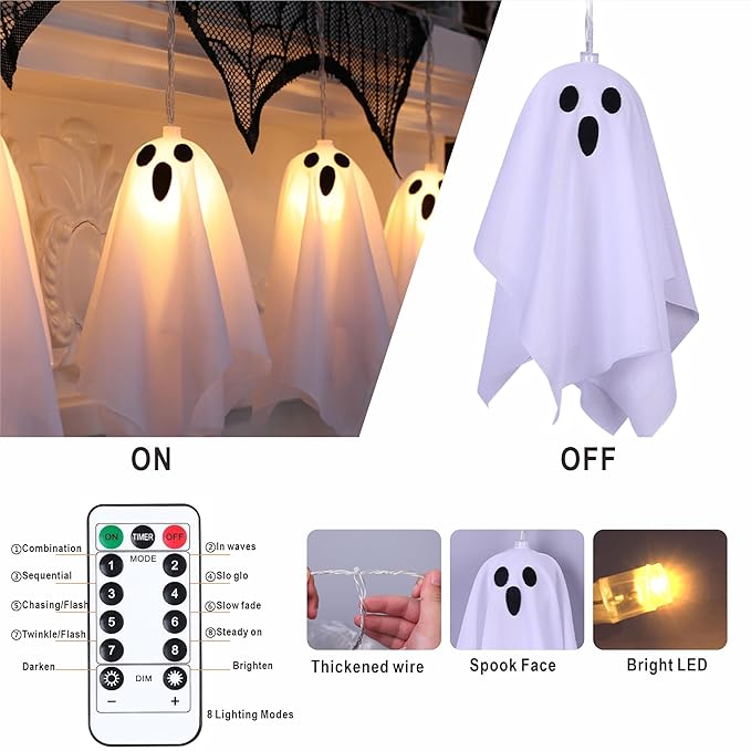 Halloween Decoration String Lights, Light up Ghost Garland, 7.5ft Battery Operated Ghost Lights with 10 LED for Mantle, Fireplace, Window, Porch, Party Indoor Outdoor Decor