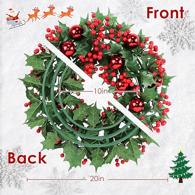 Christmas Wreaths for Front Door Outside Decor, 20" Red Berries Ornaments Balls Pine Branches Winter Artificial Wreath Decorations with Plaid Bow for Xmas Holiday Home Wall Fireplace Indoor Porch