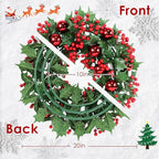 Christmas Wreaths for Front Door Outside Decor, 20" Red Berries Ornaments Balls Pine Branches Winter Artificial Wreath Decorations with Plaid Bow for Xmas Holiday Home Wall Fireplace Indoor Porch