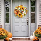 Fall Wreaths for Front Door,Sunflower Autumn Wreath with Lights,Pumpkins and Bows,for Thanksgiving Halloween Farmhouse Indoor Outdoor Outside (Yellow Sunflower)