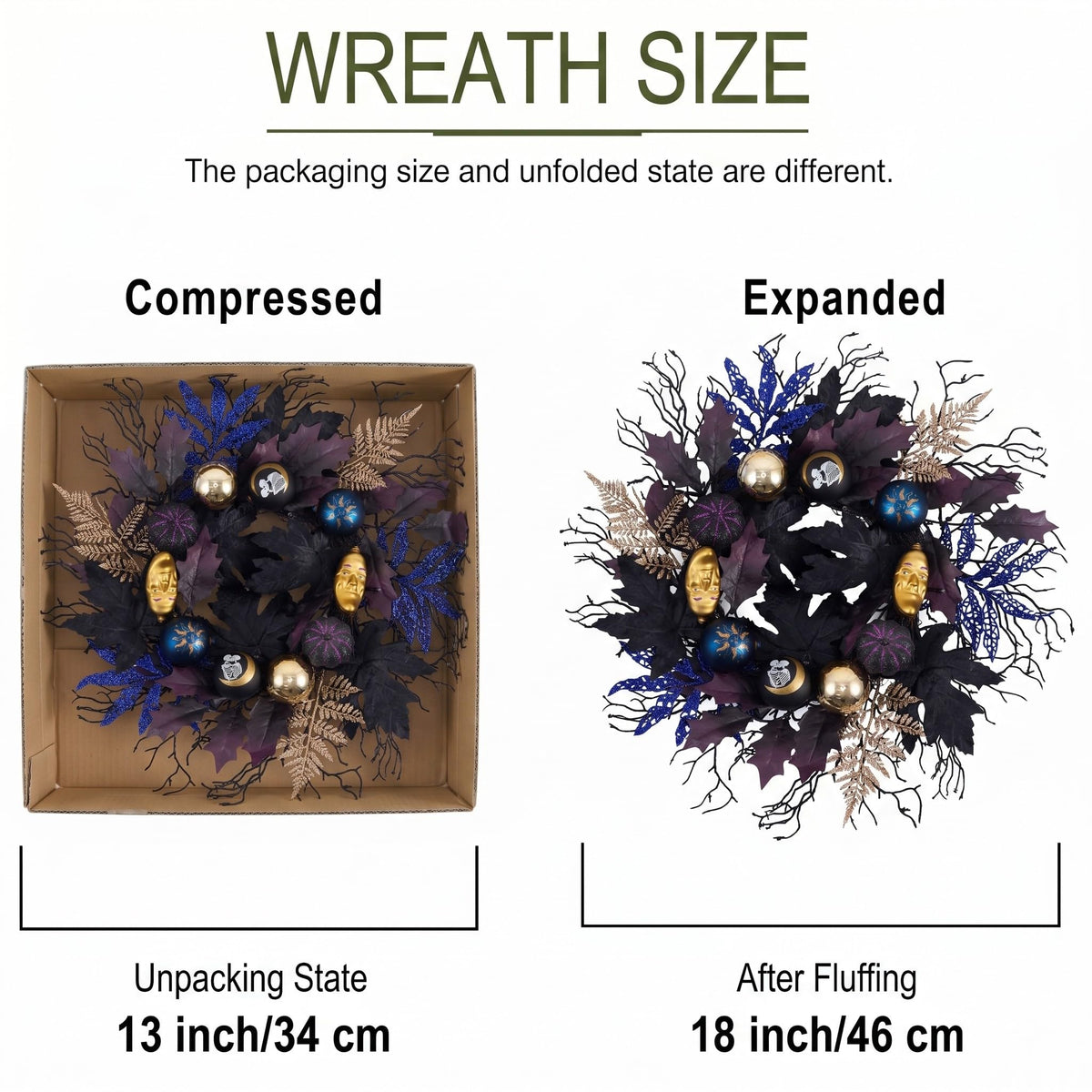 DecorbyHannah Pre-lit Halloween Wreath for Front Door, 18 Inch Light Up Black Witch Pumpkins Wreath with Lights，Maple Leaves, Moon, Ball Ornaments and Timer for Mantel Porch Wall Indoor Outdoor Decor