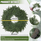 26" Real Touch Christmas Cedar Wreath, Christmas Wreaths for Front Door, Realistic Pine Wreath, Large Green Cypress Wreaths for Home Fireplace Wall Window Porch Outdoor Xmas Holiday Decor