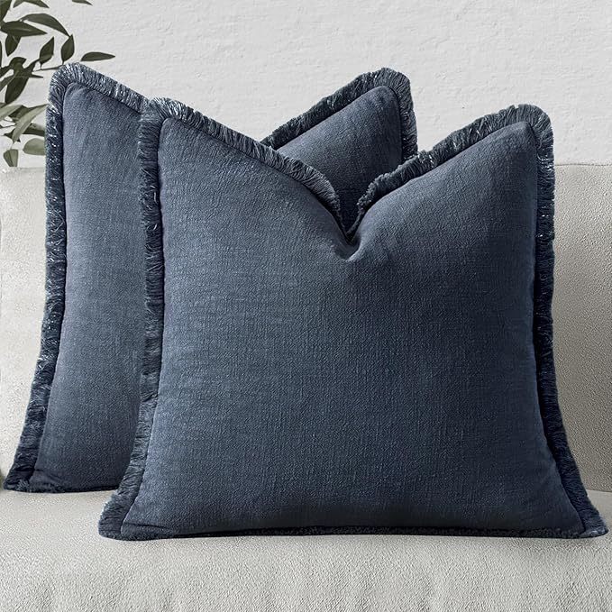 MIULEE Christmas Decorative Throw Pillow Covers Neutral Linen Fringe Throw Pillows Set of 2 Indigo Blue Boho Farmhouse Cushion Covers Coastal Decor for Couch Sofa Bed Living Room Decor 20x20 Inch